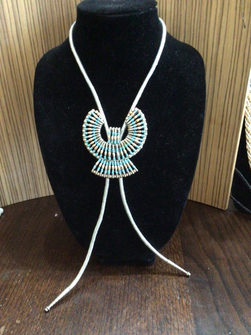 Vintage 1950 Southwestern folk art safety pin & bead Thunderbird bola tie